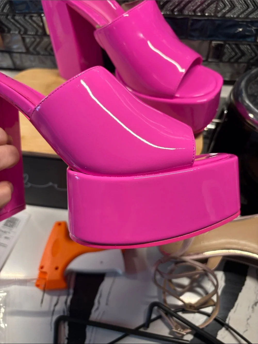 Patent Hot Pink Platform Slide by